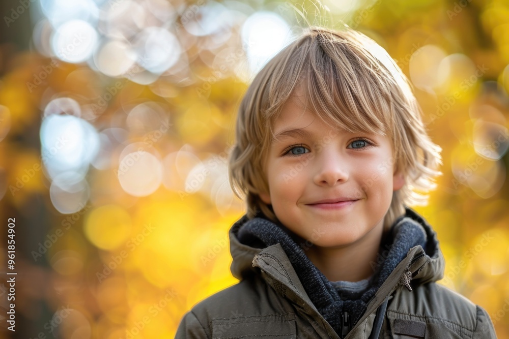 A young boy with blonde hair and blue eyes is smiling for the camera