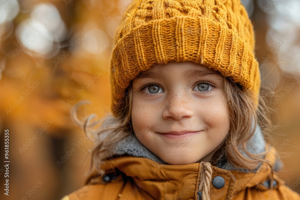 A young girl wearing a yellow hat and a brown coat is smiling A young girl wearing a yellow hat and a brown coat is smiling