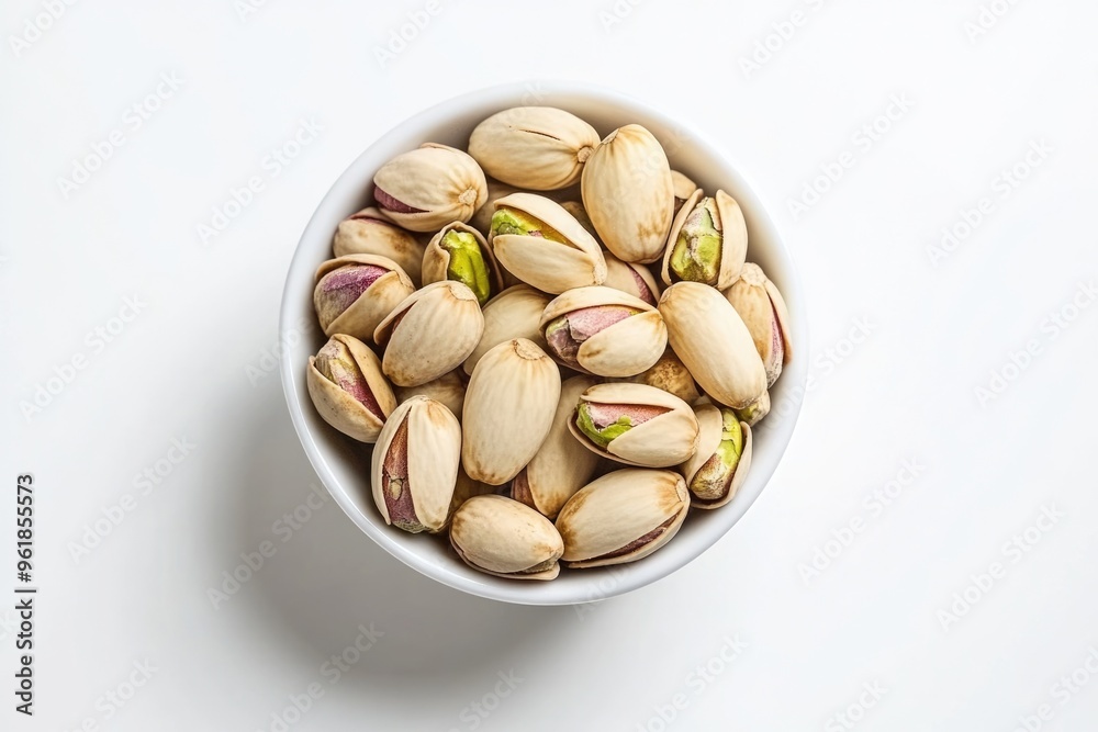 Bowl Of Pistachios On White Background. Pink Nourishment from Natural Whole Crispy Salted Pistachio Seeds Bowl Of Pistachios On White Background. Pink Nourishment from Natural Whole Crispy Salted Pistachio Seeds