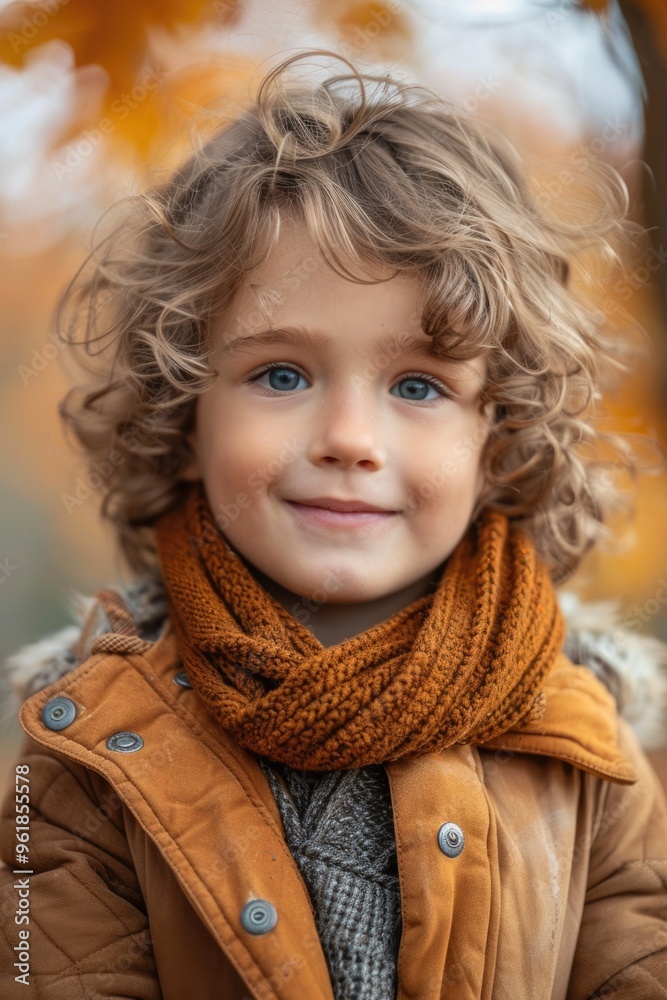 A young boy with curly hair and a brown scarf is smiling A young boy with curly hair and a brown scarf is smiling