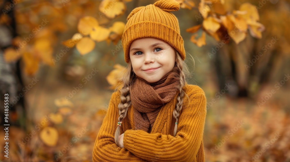 A young girl wearing a yellow hat and scarf stands in a field of yellow leaves A young girl wearing a yellow hat and scarf stands in a field of yellow leaves