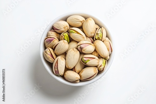 Bowl Of Pistachios On White Background. Pink Nourishment from Natural Whole Crispy Salted Pistachio Seeds