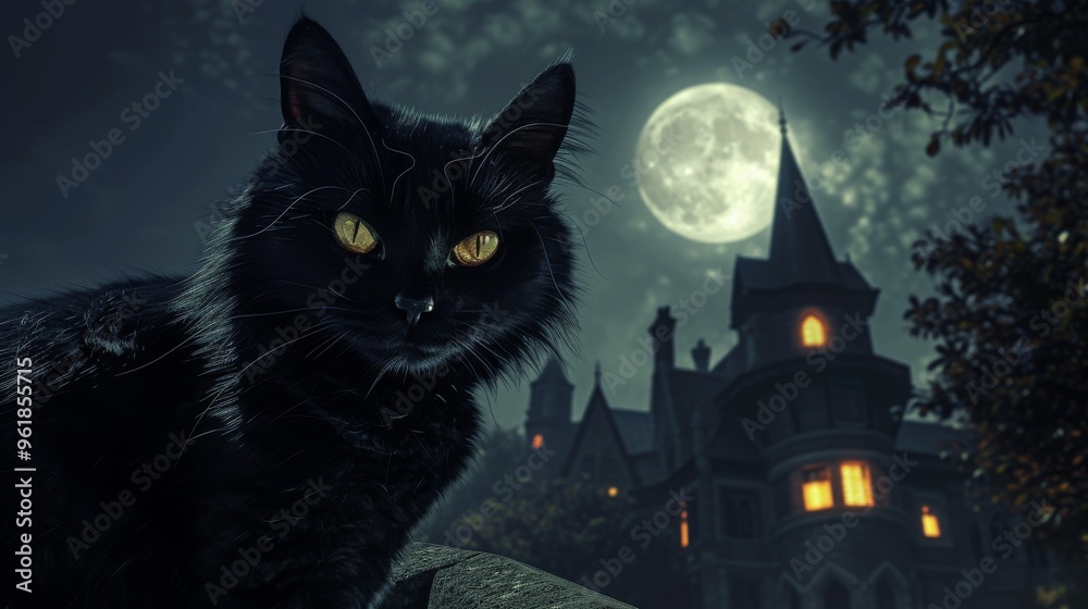 A close-up of a black cat with piercing yellow eyes against a full moon, with a spooky old mansion in the background. The atmosphere evokes mystery, Halloween, and the supernatural. A close-up of a black cat with piercing yellow eyes against a full moon, with a spooky old mansion in the background. The atmosphere evokes mystery, Halloween, and the supernatural.