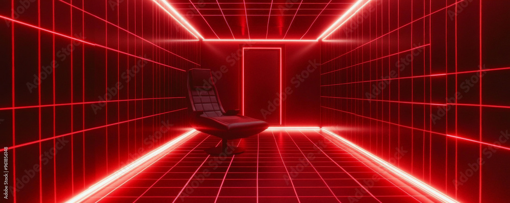 A sleek, high-tech red room with sharp, angular walls, digital grids, and pulsing red light strips running along the floor and ceiling. A lone, levitating chair is in the center. A sleek, high-tech red room with sharp, angular walls, digital grids, and pulsing red light strips running along the floor and ceiling. A lone, levitating chair is in the center.