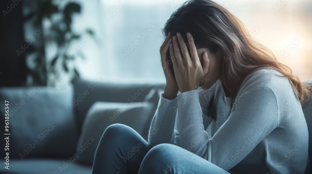 A woman sits on a couch with her head in her hands, lost in thought during a quiet evening A woman sits on a couch with her head in her hands, lost in thought during a quiet evening