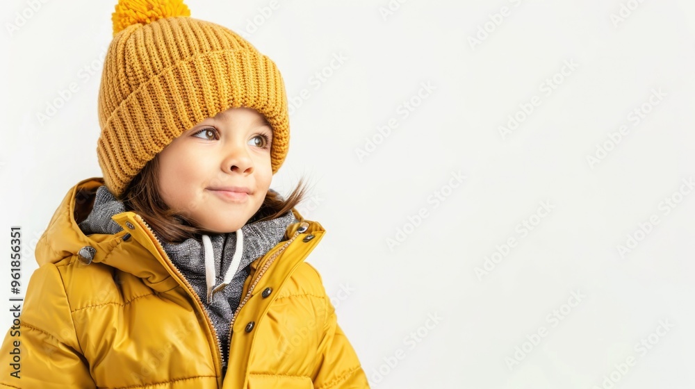 A young girl wearing a yellow hat and a yellow jacket is smiling A young girl wearing a yellow hat and a yellow jacket is smiling