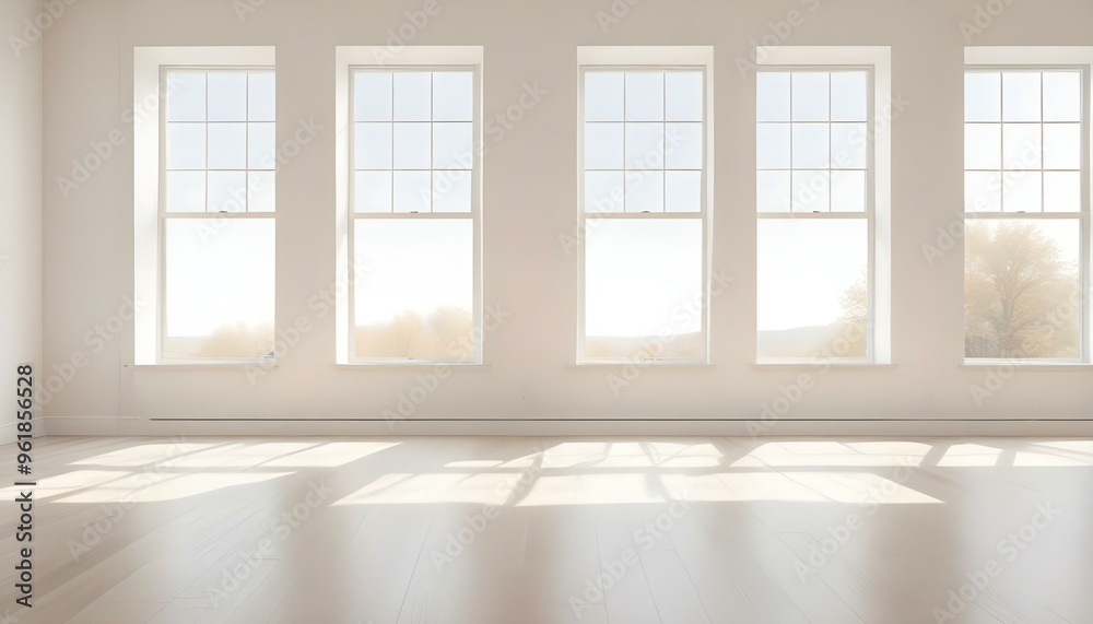 Fototapeta premium A bright and airy room with large windows, hardwood floors, and minimal decor. The room has a clean, modern aesthetic with a neutral color palette.