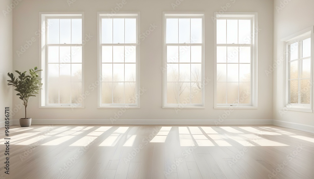 Fototapeta premium A bright and airy room with large windows, hardwood floors, and minimal decor. The room has a clean, modern aesthetic with a neutral color palette.