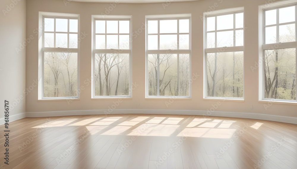 Fototapeta premium A bright and airy room with large windows, hardwood floors, and minimal decor. The room has a clean, modern aesthetic with a neutral color palette.