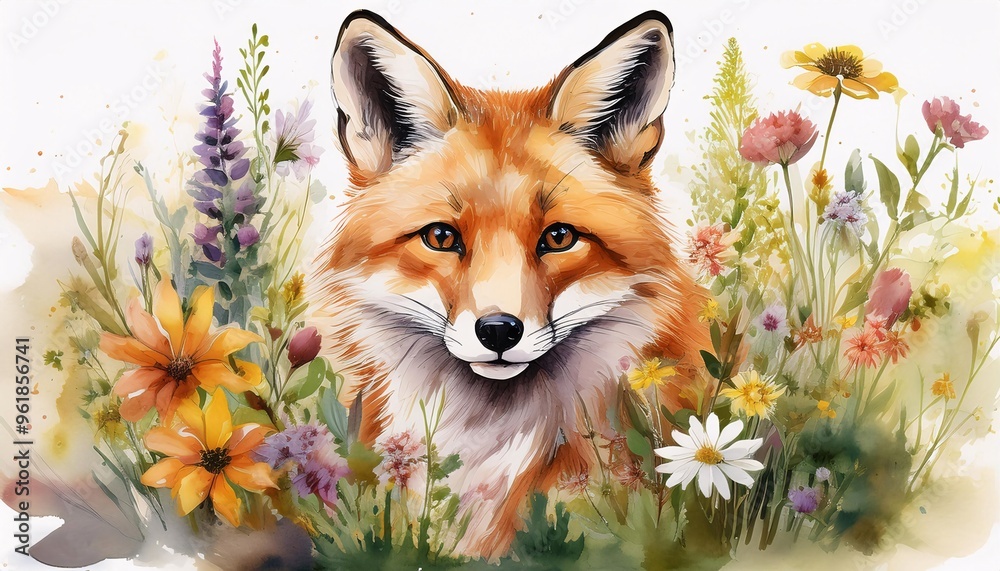Fototapeta premium Whimsical Fox Amidst a Wildflower Meadow