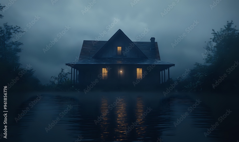 Lonely House Stands in Foggy Night, Illuminated Windows Reflecting in Dark Water Lonely House Stands in Foggy Night, Illuminated Windows Reflecting in Dark Water