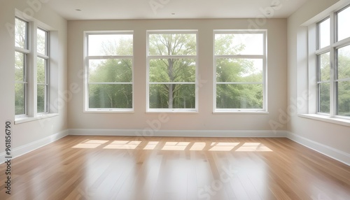 A bright and airy room with large windows, hardwood floors, and minimal decor. The room has a clean, modern aesthetic with a neutral color palette.