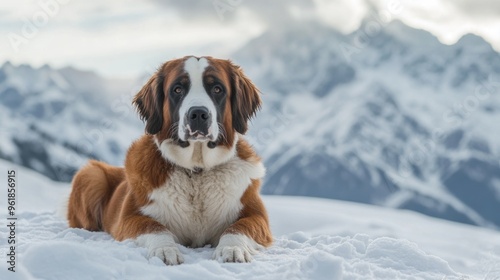 A St. Bernard dog lounging in the snow with mountains in the background.