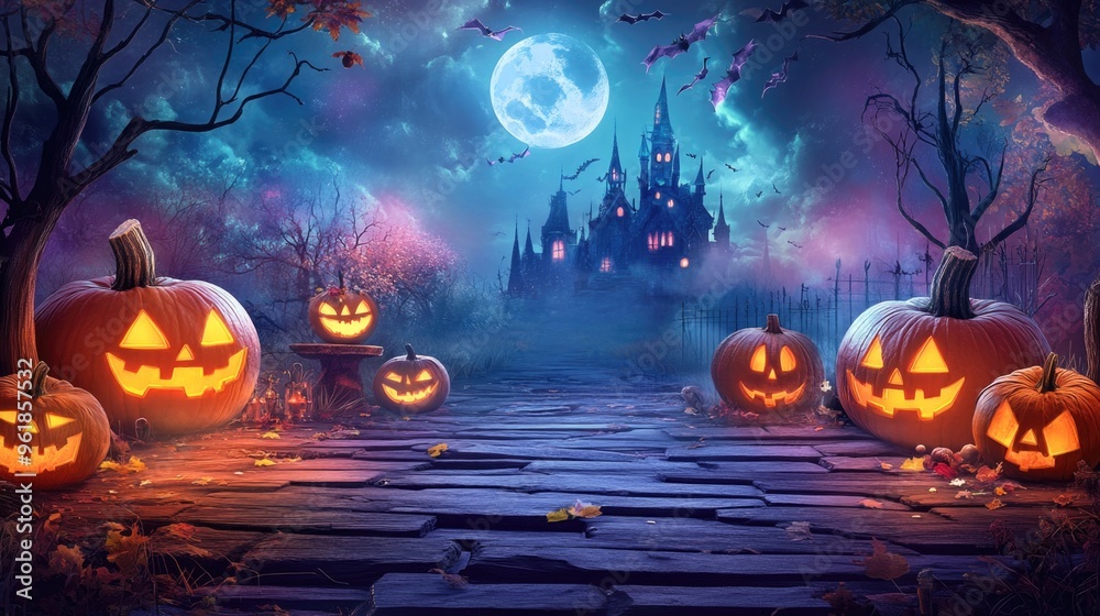 Fototapeta premium A Halloween scene with a castle and pumpkins