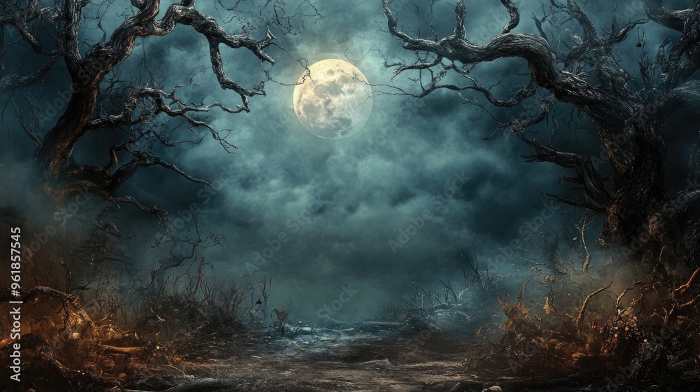© Art AI Gallery - A dark forest with a full moon in the sky © Art AI Gallery - A dark forest with a full moon in the sky