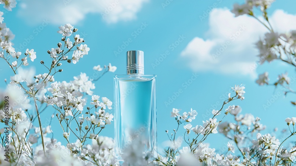 Perfume Bottle in a Field of White Flowers on a Sunny Day
