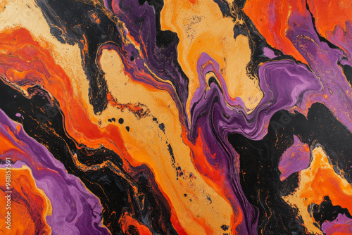 A vibrant marble pattern featuring bold swirls of red, orange, and purple with contrasting black veins. photo