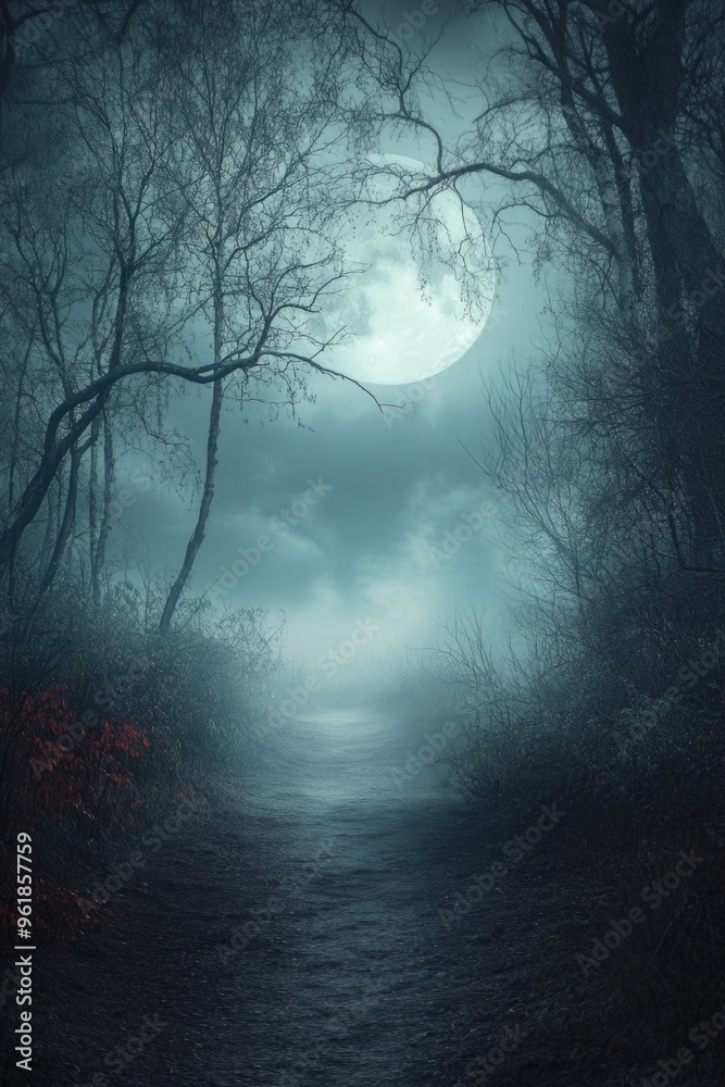 A moon is shining in the sky above a forest path A moon is shining in the sky above a forest path