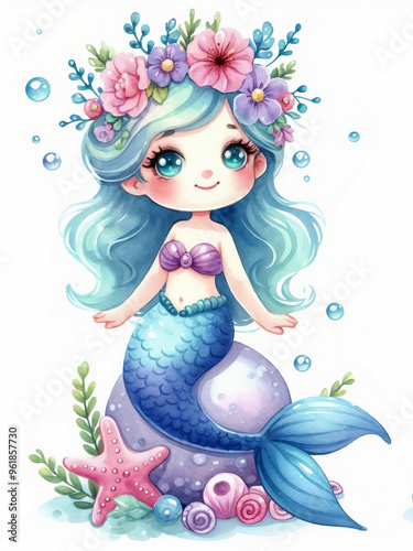 Cute cartoon mermaid on white background. AI