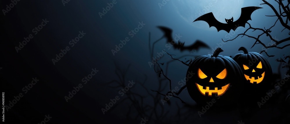 A Halloween themed poster with two pumpkins and two bats A Halloween themed poster with two pumpkins and two bats