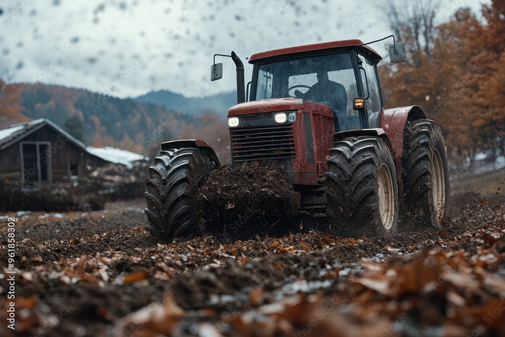 Obraz premium A red tractor is seen plowing through a muddy field on a farm during what appears to be rainy weather, demonstrating the resilience and hard work of agricultural life.