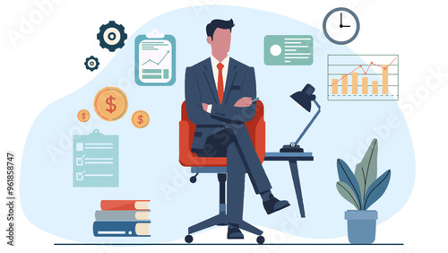 A businessman evaluates financial statistics in a sleek office environment filled with charts, documents, and plants.