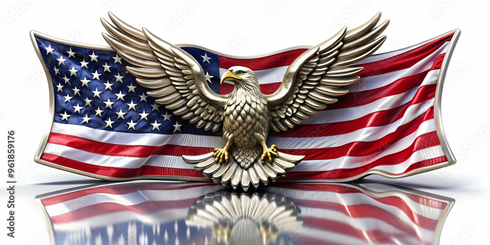 3D Glossy Eagle Emblem with Folded American Flag on Reflective Background - Veterans Day Symbol of National Pride and Honor in Medium Shot 3D Glossy Eagle Emblem with Folded American Flag on Reflective Background - Veterans Day Symbol of National Pride and Honor in Medium Shot