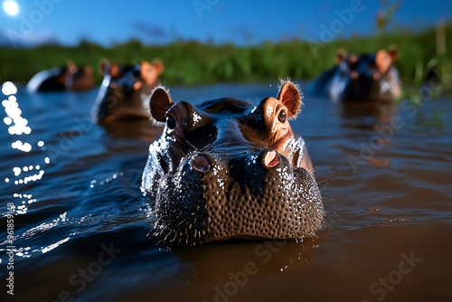 African animals, hippos at night, emerging from water to graze on land, their heavy footsteps almost silent in the grass photo