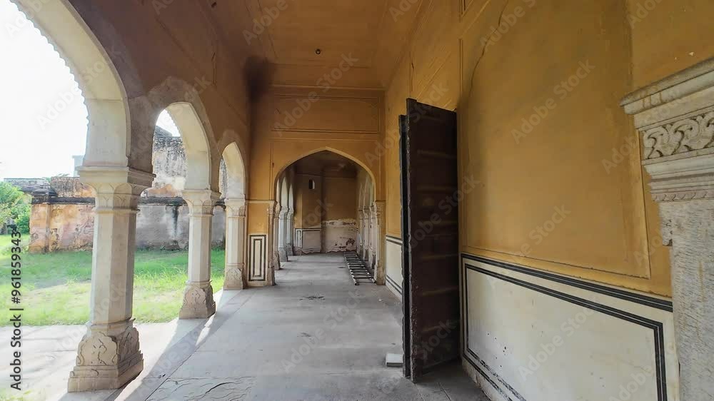 exquisite arches and intricate designs in a classic courtyard at Maharaniyon Ki Chhatriyan, the historical site  features traditional funeral monuments honoring royal women of the past.