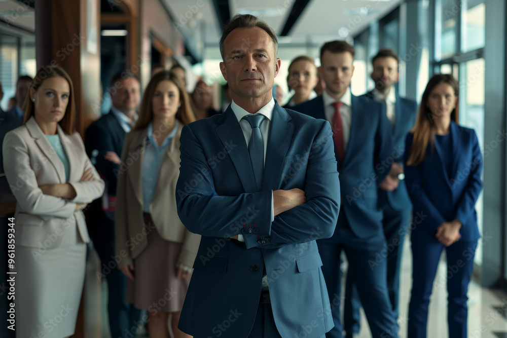 An authoritative business leader stands with team in sleek office setting, ready to drive company forward, essence of experienced, emphasizing readiness for modern business challenges. An authoritative business leader stands with team in sleek office setting, ready to drive company forward, essence of experienced, emphasizing readiness for modern business challenges.
