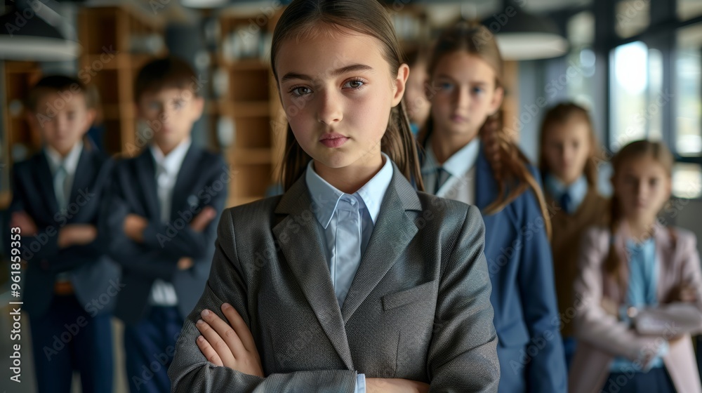 A diverse new business of young girls smiling at the camera, standing together in a startup environment. A diverse new business of young girls smiling at the camera, standing together in a startup environment.