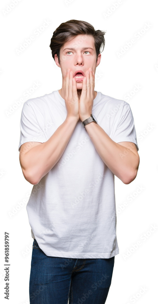 Young handsome man wearing casual white t-shirt over isolated background Tired hands covering face, depression and sadness, upset and irritated for problem Young handsome man wearing casual white t-shirt over isolated background Tired hands covering face, depression and sadness, upset and irritated for problem