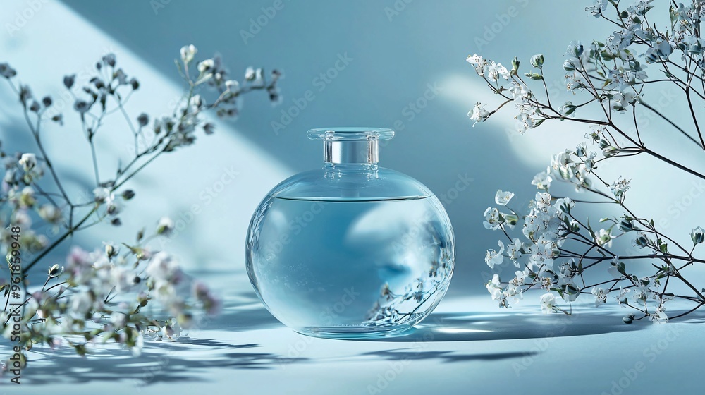 Glass Bottle of Perfume or Essential Oil with White Flowers and Blue Background Glass Bottle of Perfume or Essential Oil with White Flowers and Blue Background