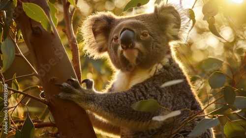 a koala in a tree, with its soft fur illuminated by the setting sun. Ideal for eco-tourism promotions and educational exhibits about Australian wildlife. photo