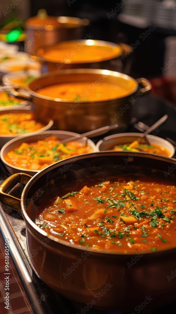 A variety of delicious curry dishes served in bowls and pots, garnished with fresh herbs in a buffet setting. A variety of delicious curry dishes served in bowls and pots, garnished with fresh herbs in a buffet setting.