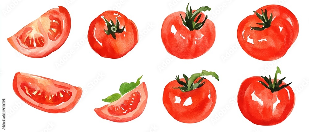 Fresh tomatoes clipart, vegetable element, watercolor illustration, sharp outlines, vibrant red, isolated on white background Fresh tomatoes clipart, vegetable element, watercolor illustration, sharp outlines, vibrant red, isolated on white background