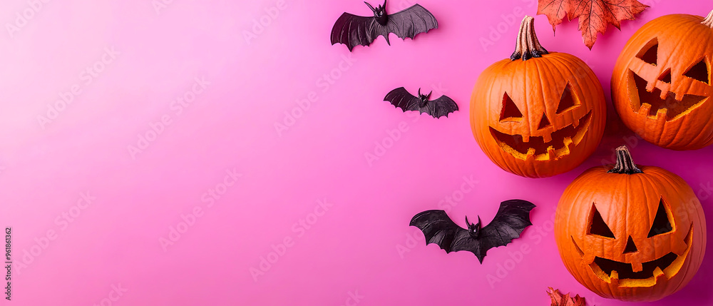 Autumn halloween atmosphere on rossa background, pumpkins with grusslige faces and black bat mice. With space to design Autumn halloween atmosphere on rossa background, pumpkins with grusslige faces and black bat mice. With space to design