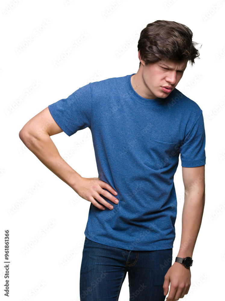 Young handsome man wearing blue t-shirt over isolated background Suffering of backache, touching back with hand, muscular pain Young handsome man wearing blue t-shirt over isolated background Suffering of backache, touching back with hand, muscular pain