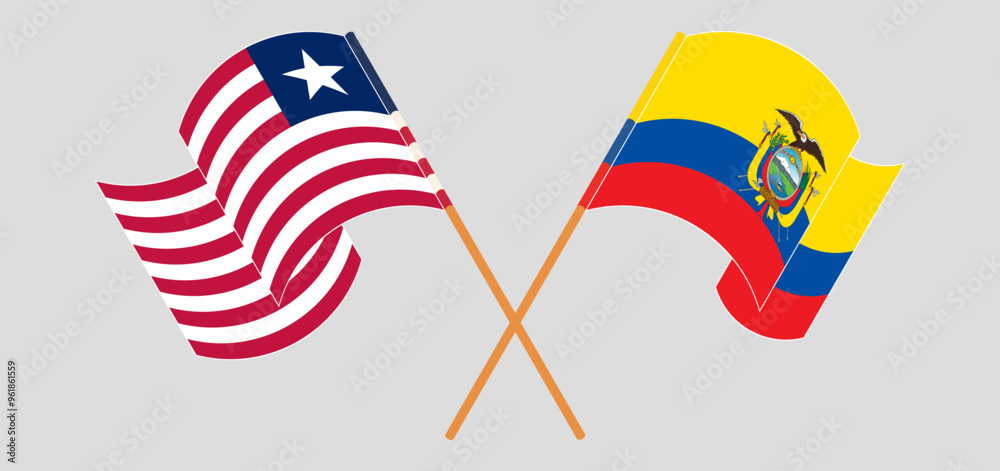 Crossed and waving flags of Liberia and Republic of Ecuador. Vector illustration Crossed and waving flags of Liberia and Republic of Ecuador. Vector illustration