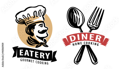 Diner, food service emblem logo. Set of badges and symbols for restaurant or cafe menu
