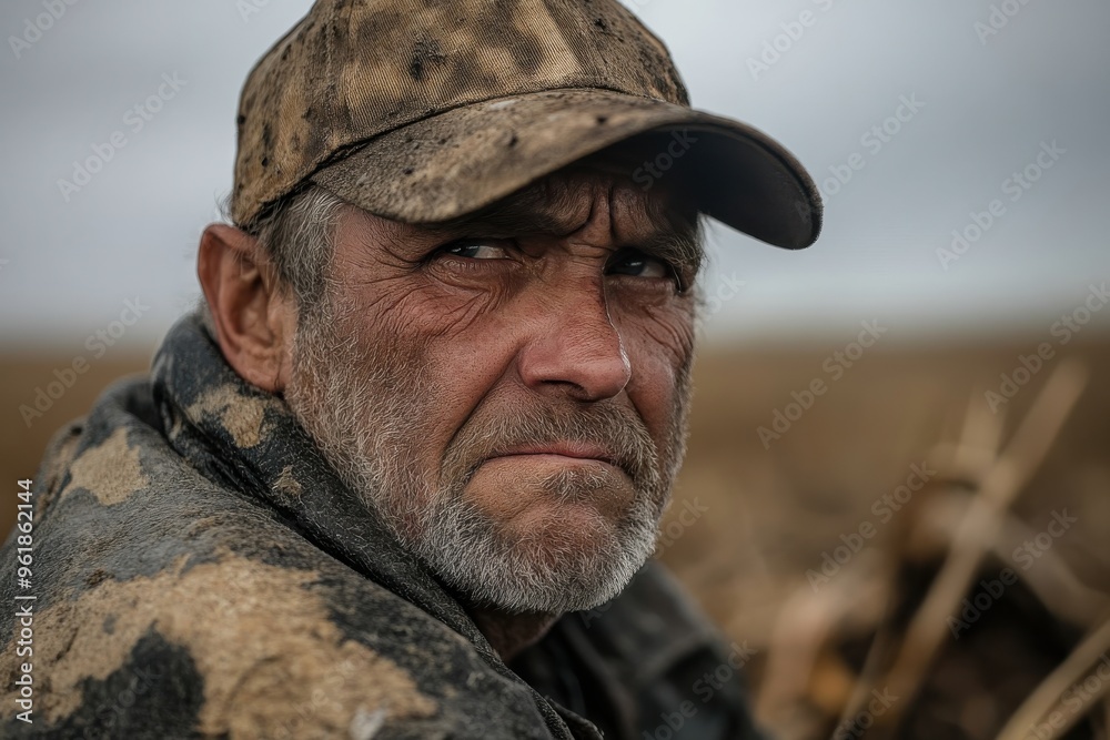 Fototapeta premium A weary farmer, in worn and muddy clothes, rests in his field, his expression a portrait of fatigue and resilience, capturing the essence of agricultural hardships.