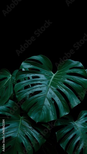 Close-up view of beautiful green wet monstera leaves isolated on black