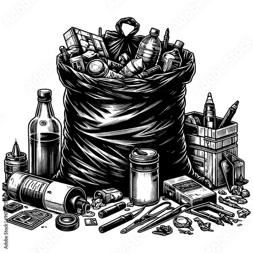 Illustration of a Garbage Bag Filled with Various Items in Black and White. Vector, generative ai.