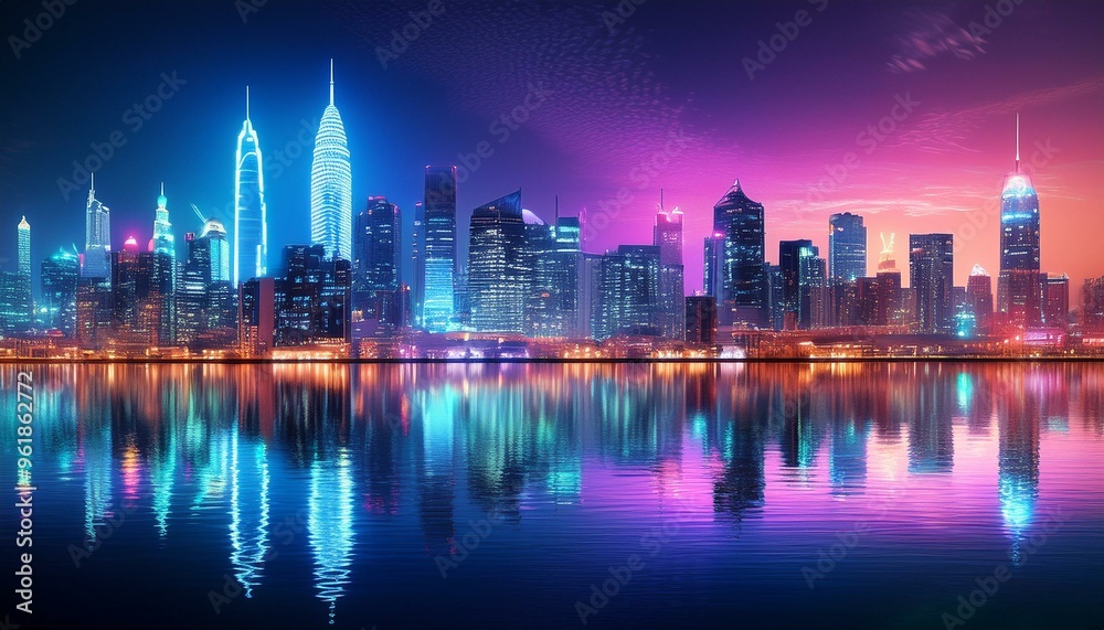 Obraz premium A vibrant city skyline at night, with bright neon lights reflecting off a calm water surface