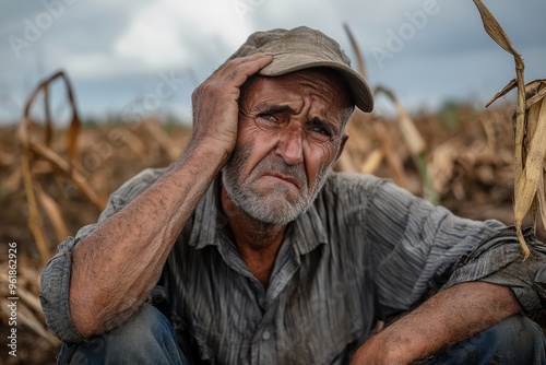 A farmer in a striped shirt and cap sits pensively amidst dry corn stalks, resting his head on his hand while contemplating the challenges and uncertainties of farming life.
