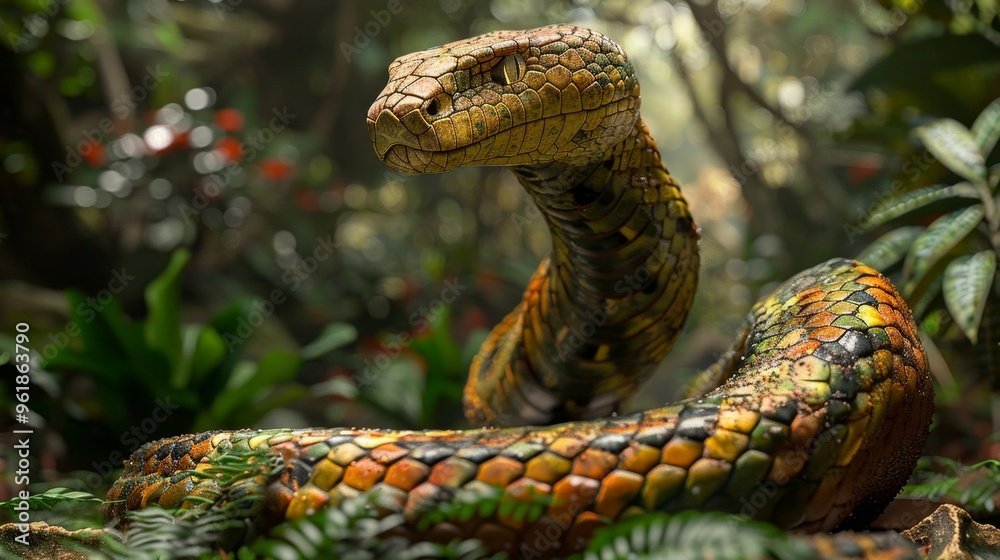 Fototapeta premium Close Up of a Green and Yellow Snake in a Jungle
