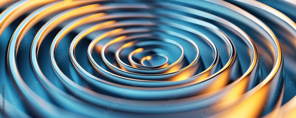Metallic spiral shapes, reflective lighting, abstract depth, 3D illustration