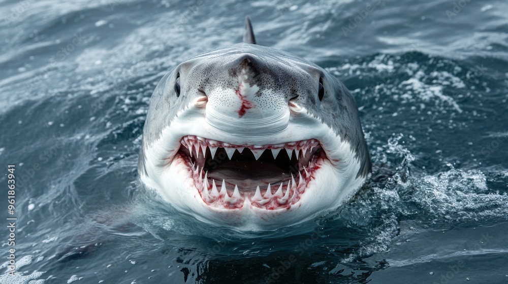 Fototapeta premium Ferocious Shark Attacking in Turbulent Ocean Waves