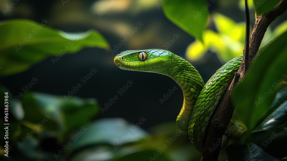 Fototapeta premium Camouflaged Green Tree Snake Coiled on Branch in Lush Vegetation