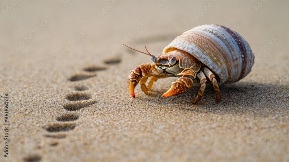 Hermit Crab Exploring Sandy Beach with Seashell Shelter Hermit Crab Exploring Sandy Beach with Seashell Shelter